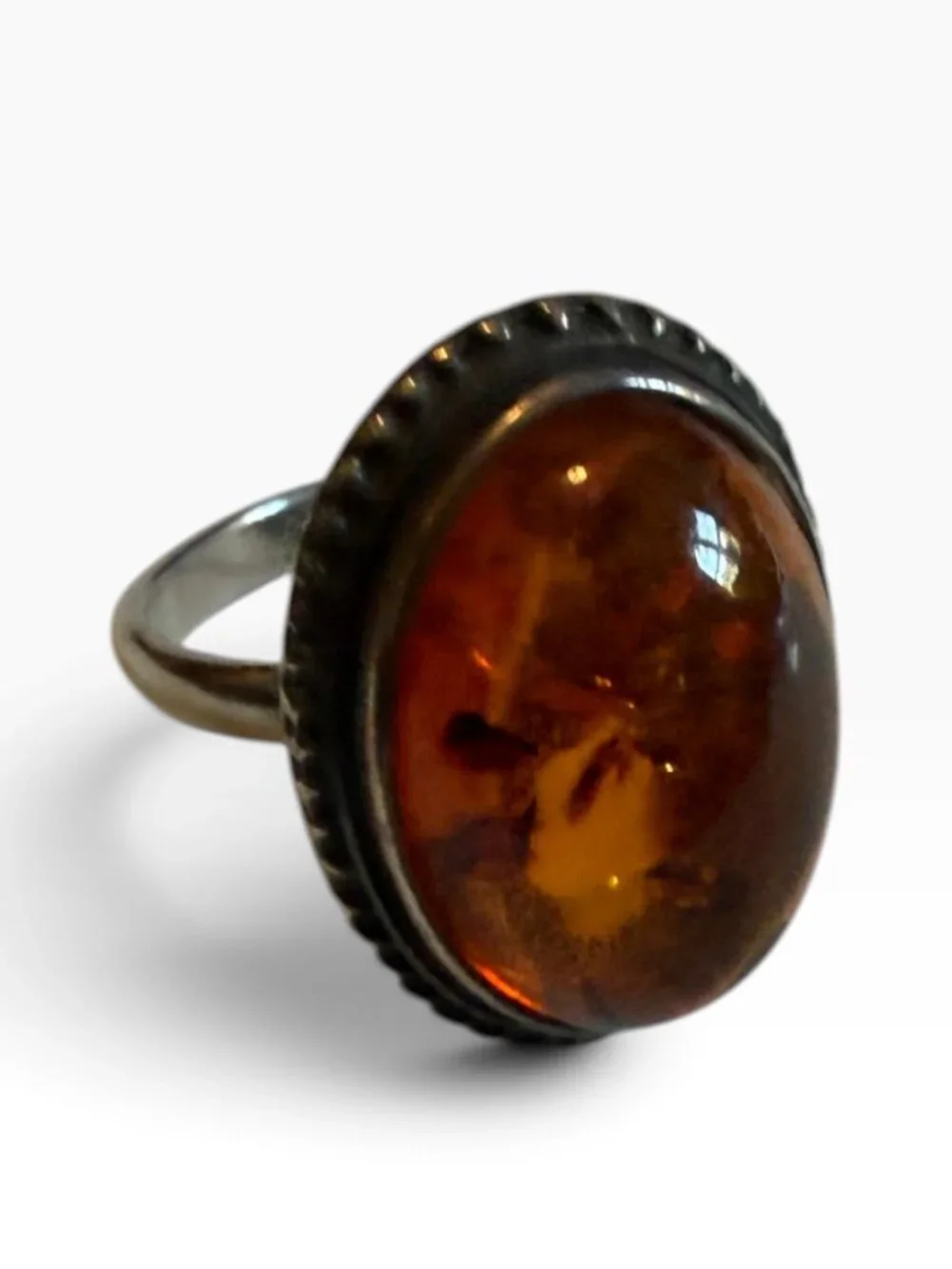 Sterling Silver 925 Amber Oval Statement Ring Size 8 Vintage Style